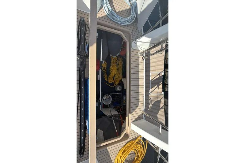  Yacht Photos Pics Amel 50 yacht deck storage area with ropes and equipment, 2019 model.