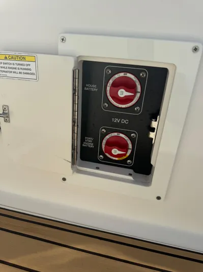  Yacht Photos Pics 2019 Sea Ray SLX 310 OB power battery switches on a boat panel.