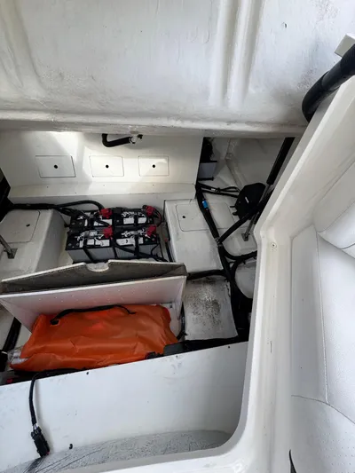  Yacht Photos Pics 2019 Sea Ray SLX 310 OB engine compartment with visible wiring and components.