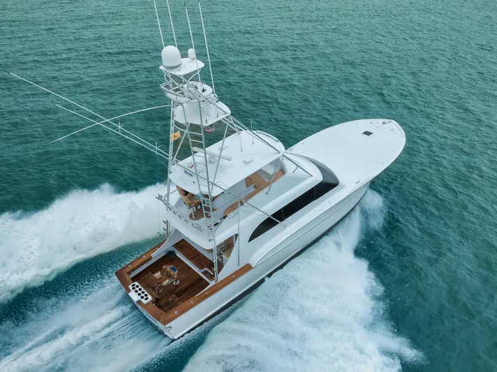 Let It Ride Yacht Photos Pics 2008 Sculley Custom Carolina yacht cruising on open water, aerial view.