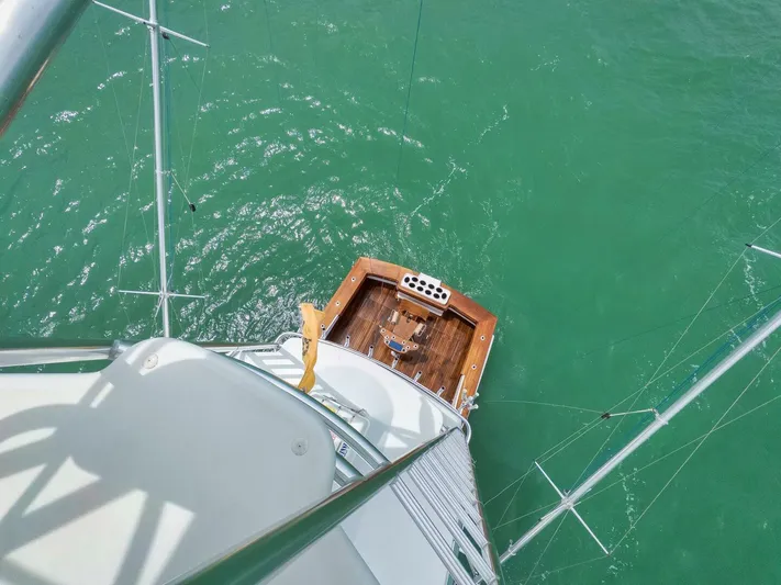 Let It Ride Yacht Photos Pics Aerial view of 2008 Sculley Custom Carolina yacht on turquoise water.