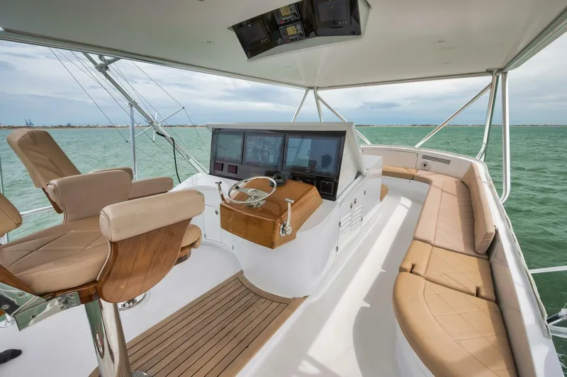 Let It Ride Yacht Photos Pics Luxurious 2008 Sculley Custom Carolina yacht interior with helm and seating area.