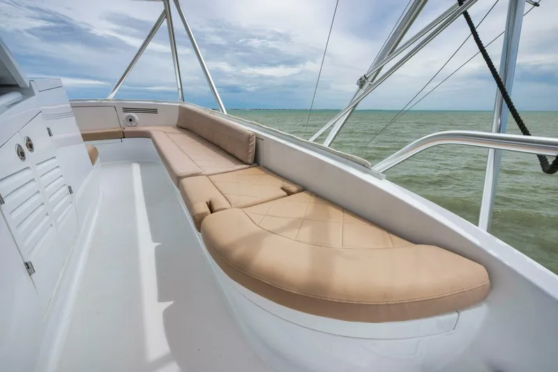 Let It Ride Yacht Photos Pics 2008 Sculley Custom Carolina boat with beige seating, ocean view, and sleek design.