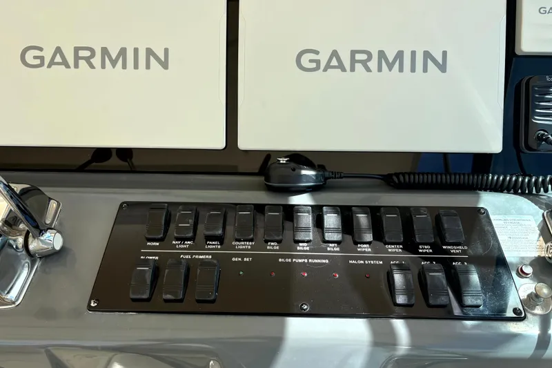  Yacht Photos Pics Control panel of a 1993 Tiara Yachts 43 Open with Garmin navigation systems.