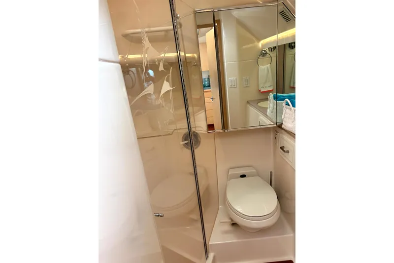  Yacht Photos Pics Bathroom interior of 1993 Tiara Yachts 43 Open, featuring toilet and mirrored cabinet.