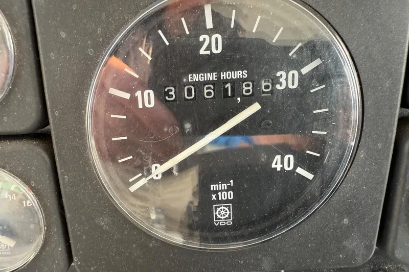  Yacht Photos Pics Close-up of Novatec Cockpit Motor Yacht tachometer, showing 3,618.6 engine hours.