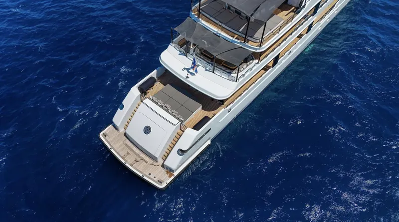 Magna Grecia Yacht Photos Pics Aerial view of luxury yacht "Elsflether Werft" cruising in deep blue ocean, 1986 model.