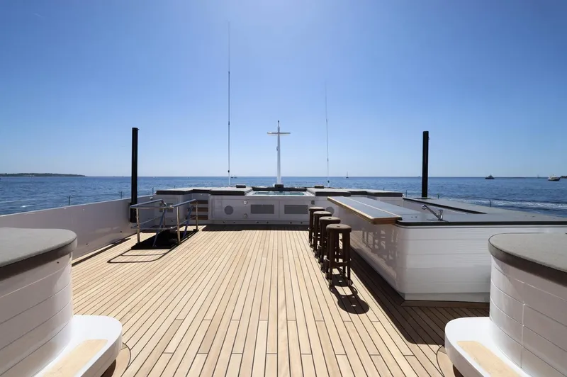 Magna Grecia Yacht Photos Pics Spacious deck of 1986 Custom Elsflether Werft yacht with ocean view.