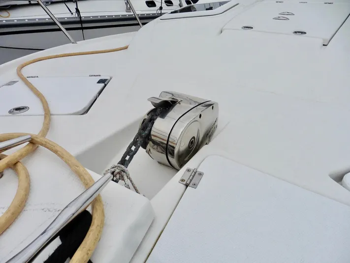  Yacht Photos Pics 2015 Cutwater 30CB boat deck with anchor winch and rope.