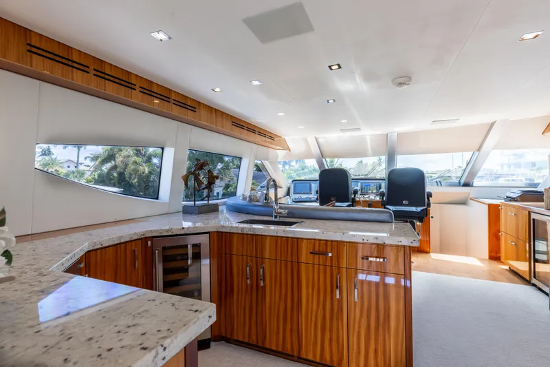 Ritz Sea Yacht Photos Pics Luxurious interior of 2014 Hatteras 80 Motor Yacht Sky Lounge with modern design and panoramic windows.