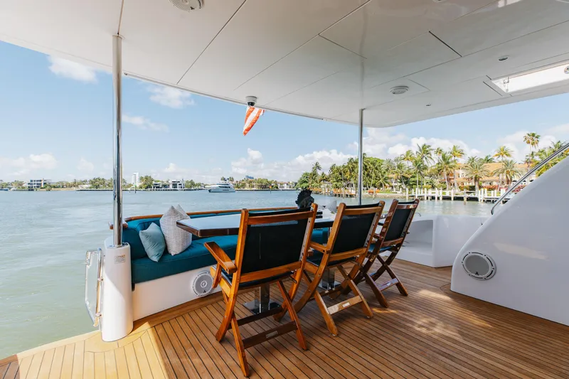 Ritz Sea Yacht Photos Pics Luxurious deck of 2014 Hatteras 80 Motor Yacht Sky Lounge with waterfront view.