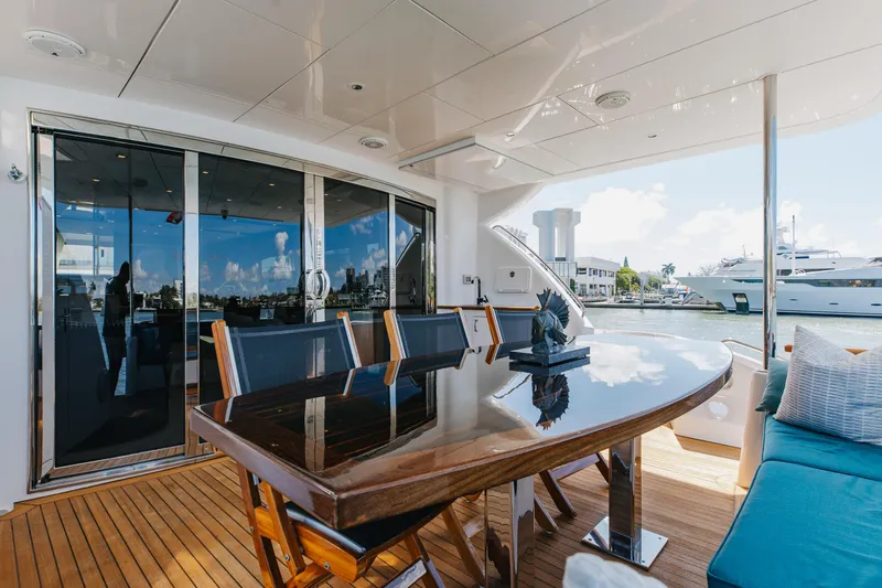 Ritz Sea Yacht Photos Pics Luxurious deck of 2014 Hatteras 80 Motor Yacht Sky Lounge with elegant seating and waterfront view.