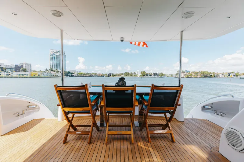 Ritz Sea Yacht Photos Pics Aft deck of 2014 Hatteras 80 Motor Yacht Sky Lounge with wooden chairs and scenic water view.