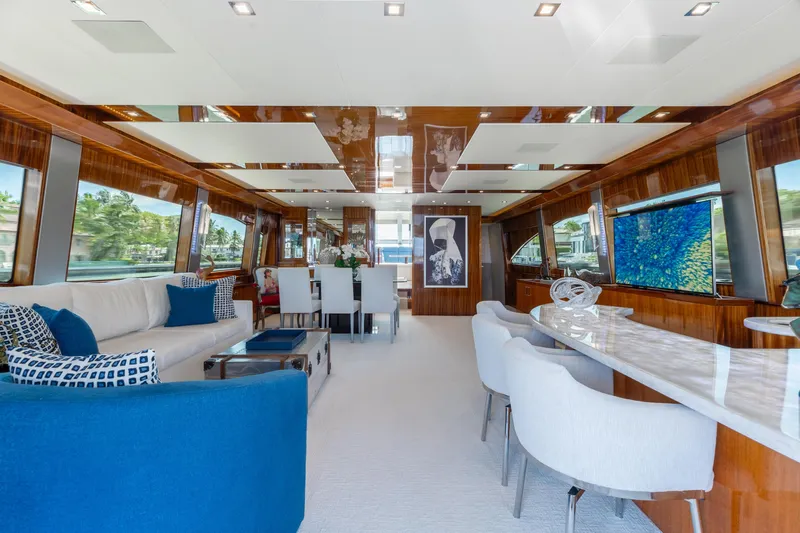 Ritz Sea Yacht Photos Pics Luxurious interior of 2014 Hatteras 80 Motor Yacht Sky Lounge with elegant seating and decor.