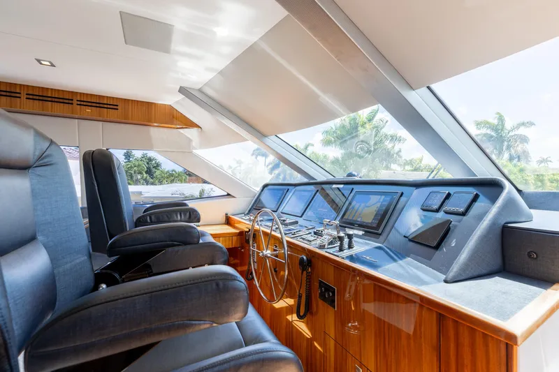Ritz Sea Yacht Photos Pics Luxurious helm of 2014 Hatteras 80 Motor Yacht Sky Lounge with modern controls and seating.
