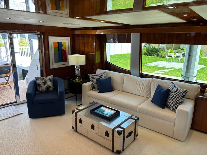 Ritz Sea Yacht Photos Pics Luxurious interior of 2014 Hatteras 80 Motor Yacht Sky Lounge with elegant seating and decor.