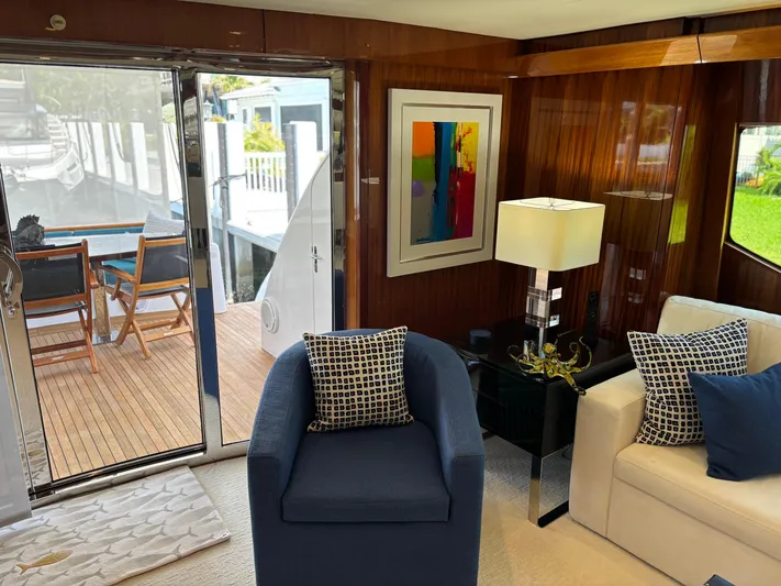 Ritz Sea Yacht Photos Pics Luxurious interior of 2014 Hatteras 80 Motor Yacht Sky Lounge with elegant seating and decor.