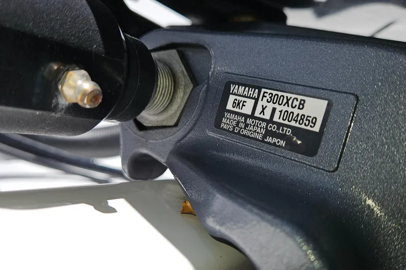  Yacht Photos Pics Close-up of Yamaha F300XCB engine part on 2022 Century 2900 Center Console boat.