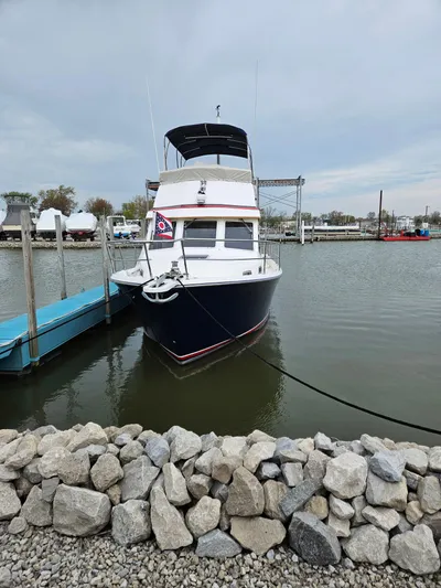 Raindance Yacht Photos Pics 1998 Sabre 36 Fast Trawler docked at a marina, front view.