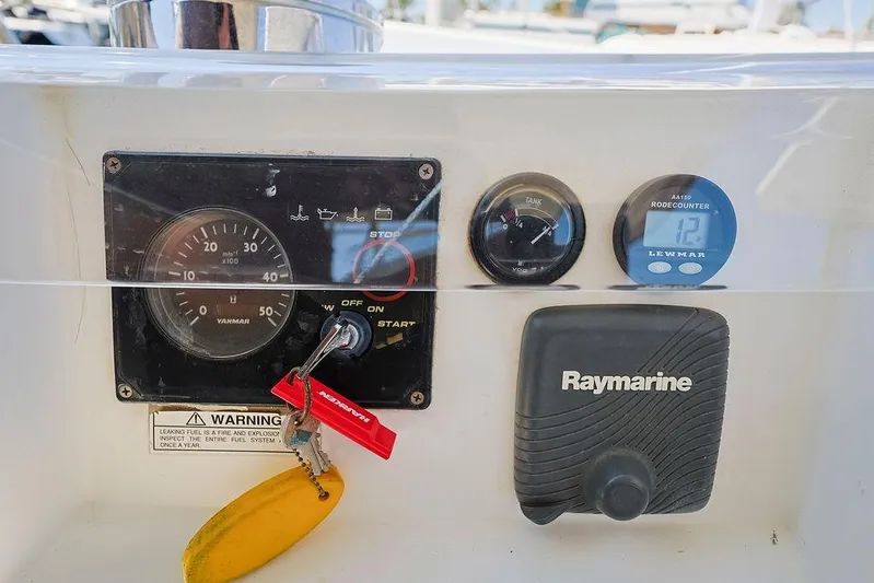 Mustang III Yacht Photos Pics Control panel of 2007 Beneteau Oceanis 423 sailboat with gauges and Raymarine equipment.
