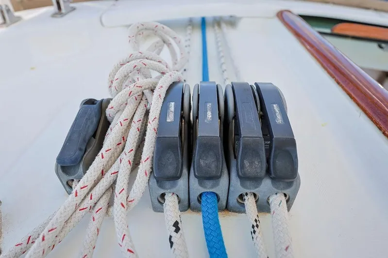 Mustang III Yacht Photos Pics Close-up of rope clutches on a 2007 Beneteau Oceanis 423 sailboat deck.