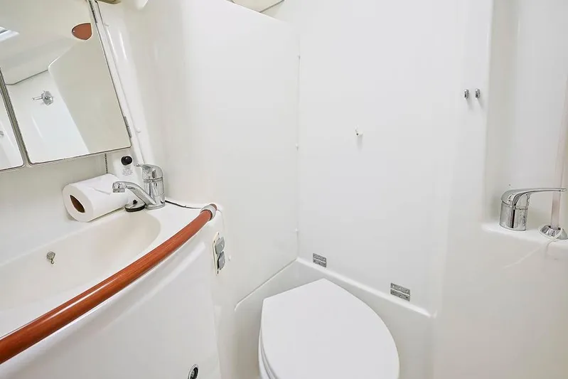 Mustang III Yacht Photos Pics Bathroom interior of 2007 Beneteau Oceanis 423 yacht, featuring sink and toilet.