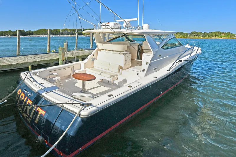 Spirit Yacht Photos Pics 2008 Tiara Yachts 4200 Open docked, featuring spacious deck and sleek design.