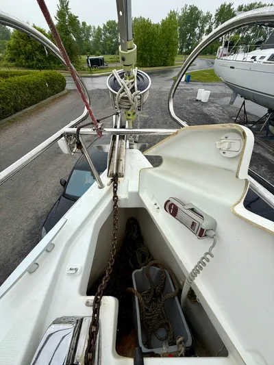  Yacht Photos Pics Beneteau Oceanis 37 sailboat anchor chain and deck view, 2012 model.