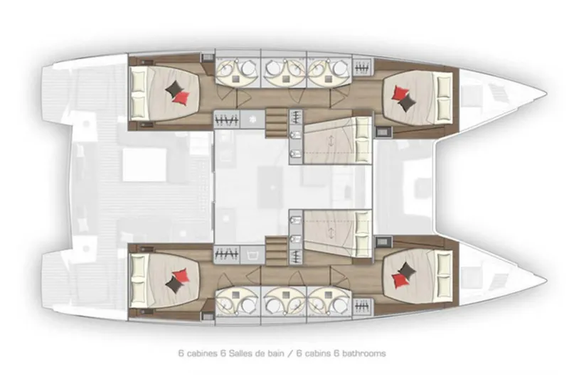 Skye Yacht Photos Pics Floor plan of a 2023 Lagoon 50 catamaran with six cabins and bathrooms.