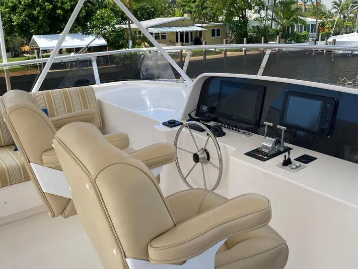Room Service Yacht Photos Pics Helm of 2003 West Bay 68 yacht with dual beige captain chairs and navigation screens.