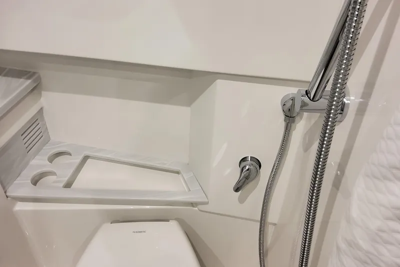  Yacht Photos Pics 2026 Formula 380 Super Sport Crossover OB bathroom with shower and modern fixtures.