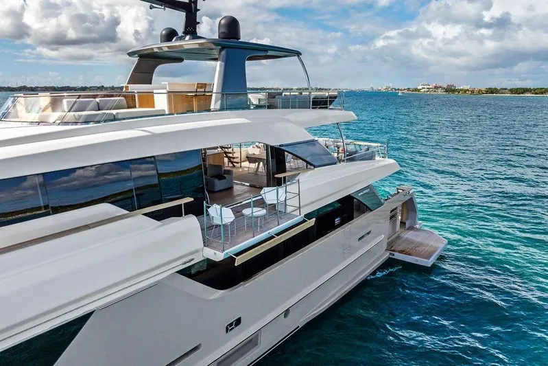 The Wolf Yacht Photos Pics Luxury Sanlorenzo SD118 yacht cruising on clear blue waters, 2023 model.