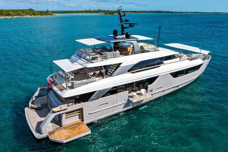 The Wolf Yacht Photos Pics Luxury 2023 Sanlorenzo SD118 yacht cruising in clear blue waters.