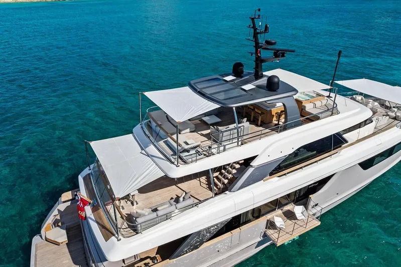 The Wolf Yacht Photos Pics Luxurious 2023 Sanlorenzo SD118 yacht cruising on clear blue waters.