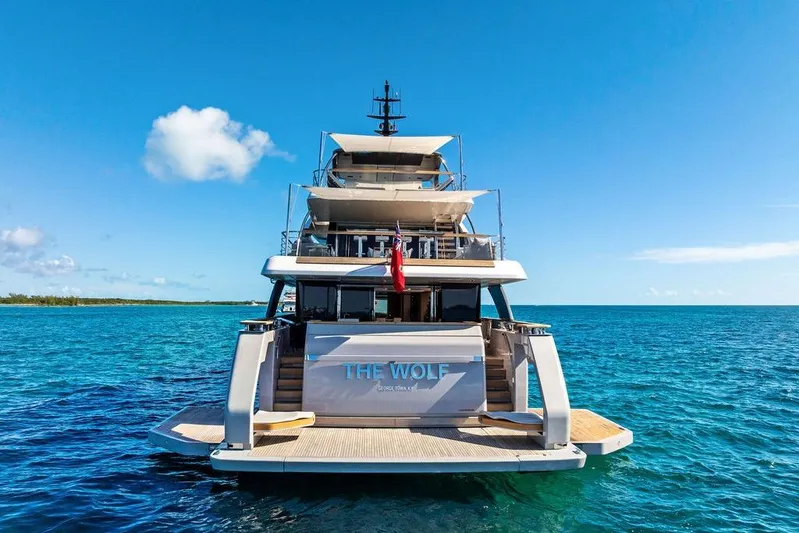 The Wolf Yacht Photos Pics Luxury Sanlorenzo SD118 yacht on clear blue ocean, 2023 model.