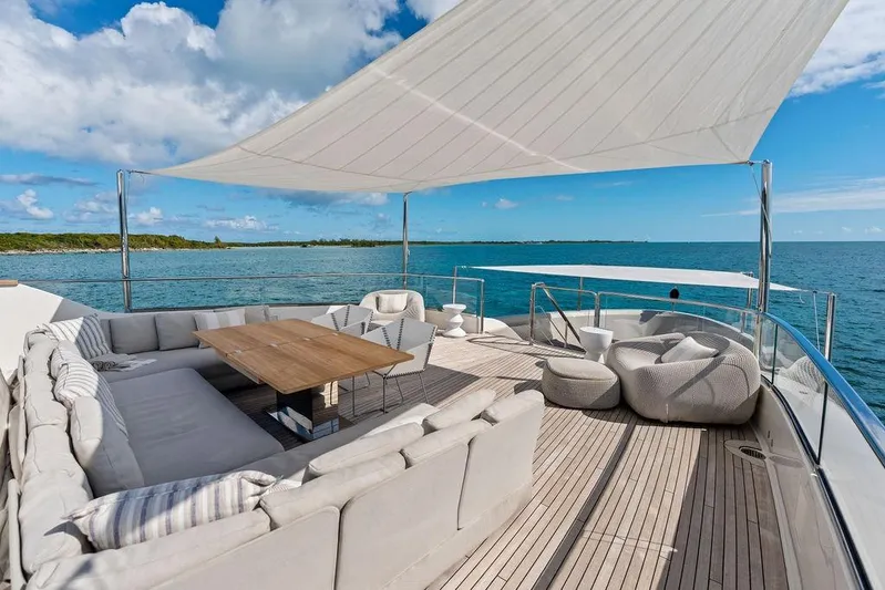 The Wolf Yacht Photos Pics Luxurious 2023 Sanlorenzo SD118 yacht deck with elegant seating and ocean view.