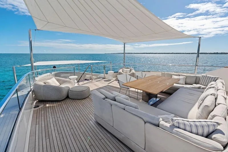 The Wolf Yacht Photos Pics Luxurious 2023 Sanlorenzo SD118 yacht deck with elegant seating and ocean view.