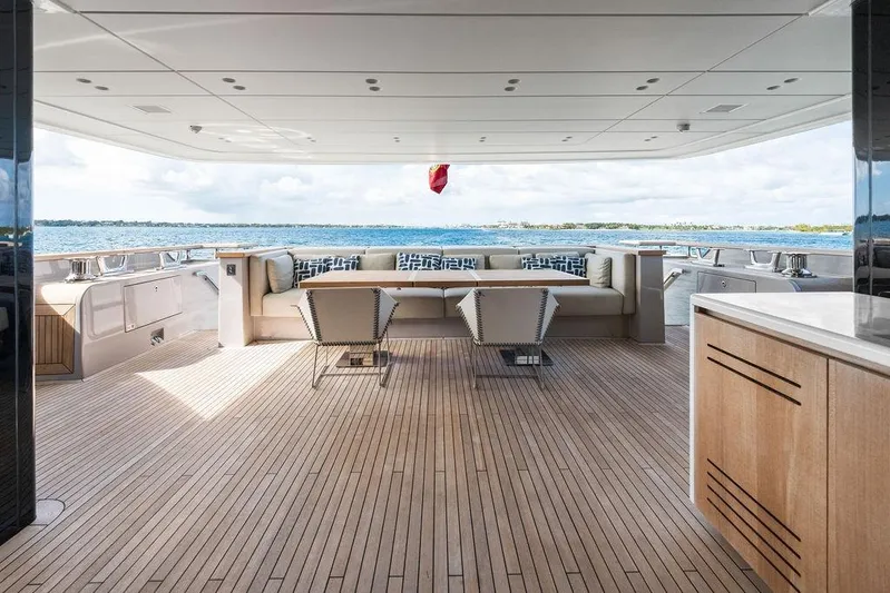 The Wolf Yacht Photos Pics Luxurious 2023 Sanlorenzo SD118 yacht deck with elegant seating and ocean view.