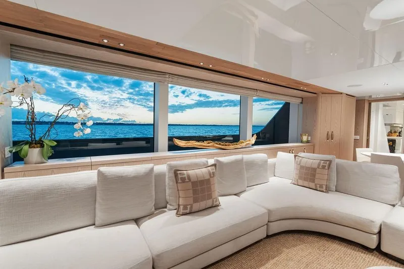 The Wolf Yacht Photos Pics Luxurious interior of 2023 Sanlorenzo SD118 yacht with ocean view through large windows.