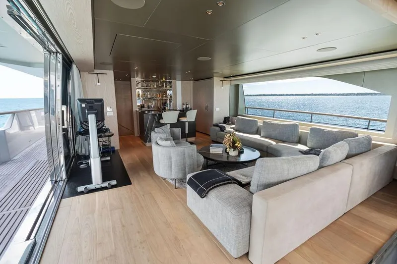 The Wolf Yacht Photos Pics Luxurious interior of 2023 Sanlorenzo SD118 yacht with modern furnishings and ocean view.