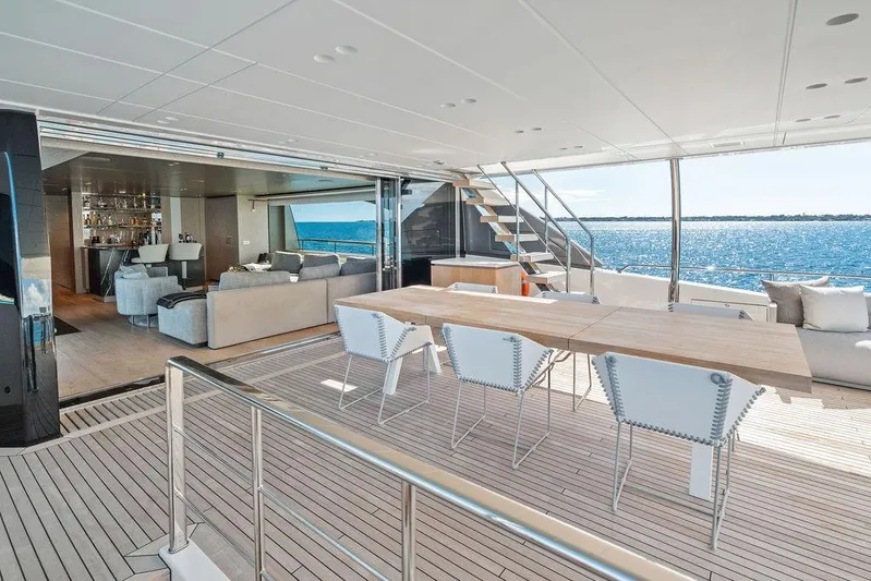 The Wolf Yacht Photos Pics Luxurious 2023 Sanlorenzo SD118 yacht interior with elegant seating and ocean view.