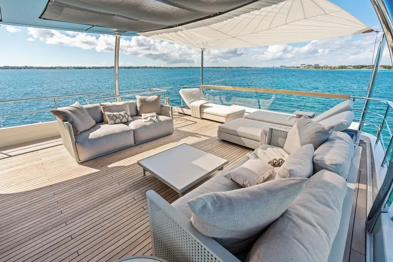 The Wolf Yacht Photos Pics Luxurious 2023 Sanlorenzo SD118 yacht deck with elegant seating and ocean view.