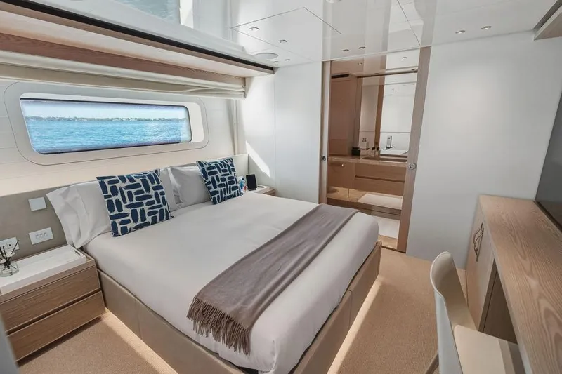 The Wolf Yacht Photos Pics Luxurious bedroom interior of 2023 Sanlorenzo SD118 yacht with ocean view window.