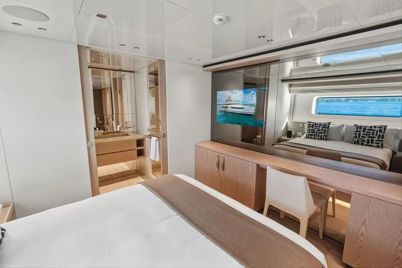 The Wolf Yacht Photos Pics Luxurious 2023 Sanlorenzo SD118 yacht bedroom with modern design and ocean view.