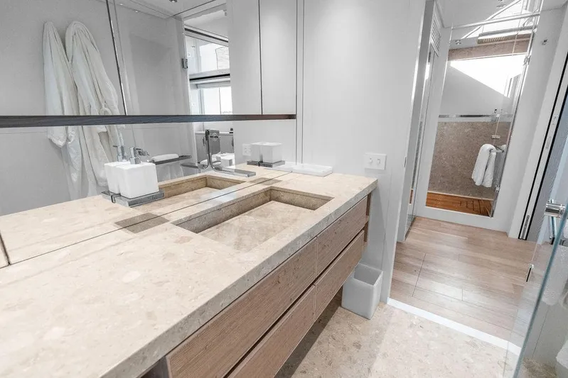 The Wolf Yacht Photos Pics Luxurious bathroom on 2023 Sanlorenzo SD118 yacht with modern fixtures and elegant design.