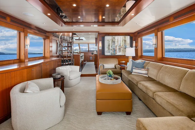 Estancia Yacht Photos Pics Luxurious interior of 2010 Ocean Alexander 80 Motoryacht with elegant seating and panoramic windows.