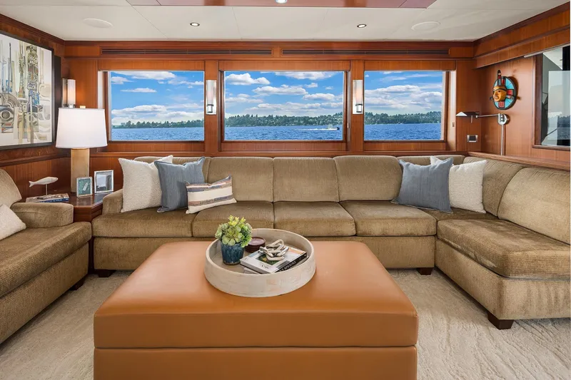 Estancia Yacht Photos Pics Luxurious interior of 2010 Ocean Alexander 80 Motoryacht with plush seating and scenic windows.