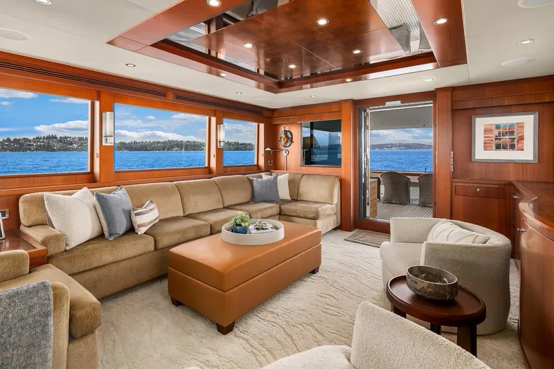 Estancia Yacht Photos Pics Luxurious interior of 2010 Ocean Alexander 80 Motoryacht with elegant seating and scenic ocean views.