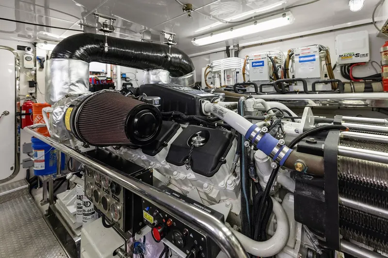 Estancia Yacht Photos Pics Engine room of 2010 Ocean Alexander 80 Motoryacht, showcasing detailed machinery and equipment.