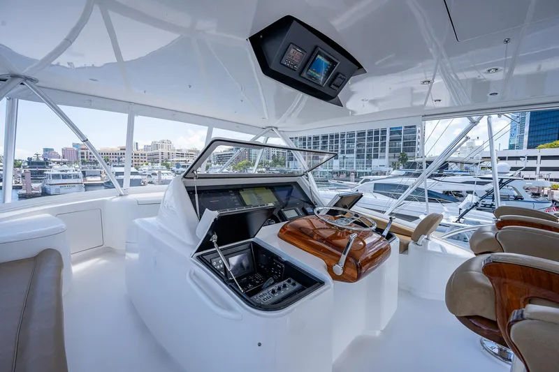 Gypsea Yacht Photos Pics 2015 Viking 66 Open yacht helm with modern controls and luxurious seating.
